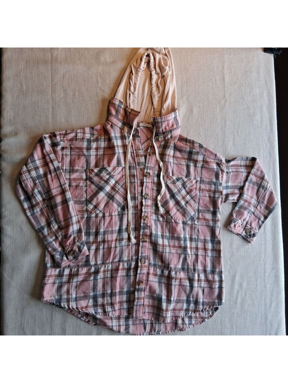 ILLA ILLA small pink plaid long sleeve top with hood